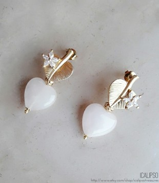 Leaf and heart rose quartz earrings